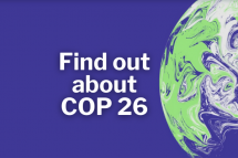 Picture of half a globe with blue background and find out about COP26 writing on top