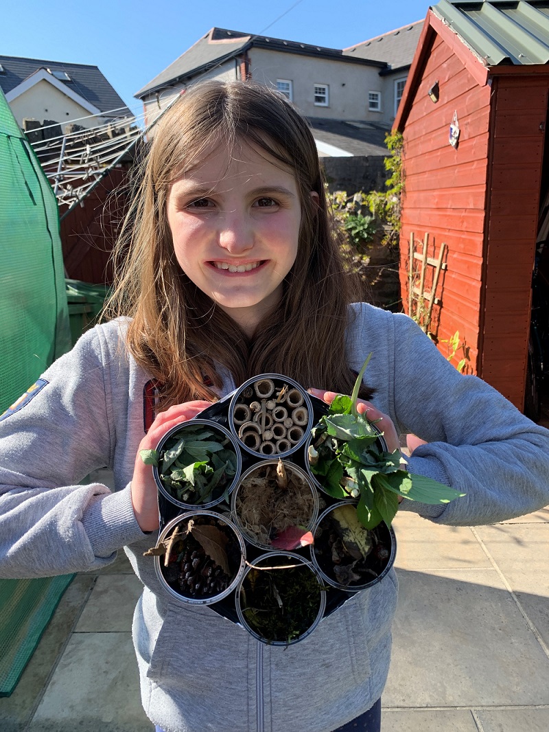 Girl holding bee hotel