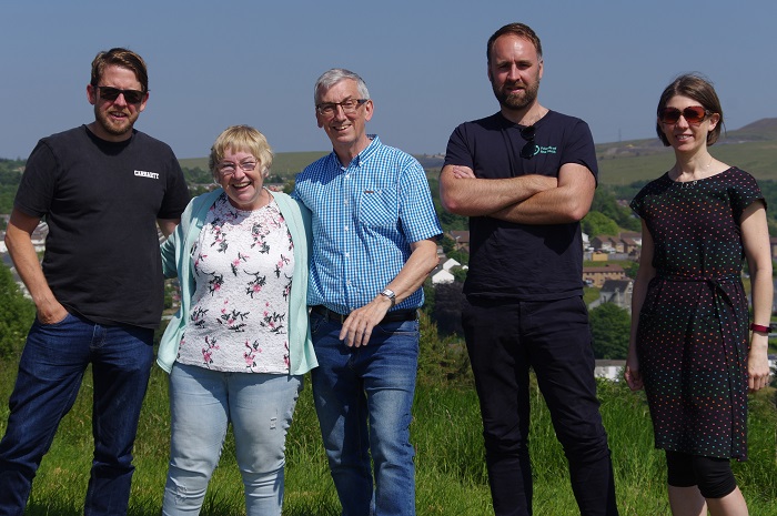 From left to right: Magnus Gallie, local residents Chris and Alyson Austin, Jamie Peters, Fossil Free campaigner for Friends of the Earth and Haf Elgar