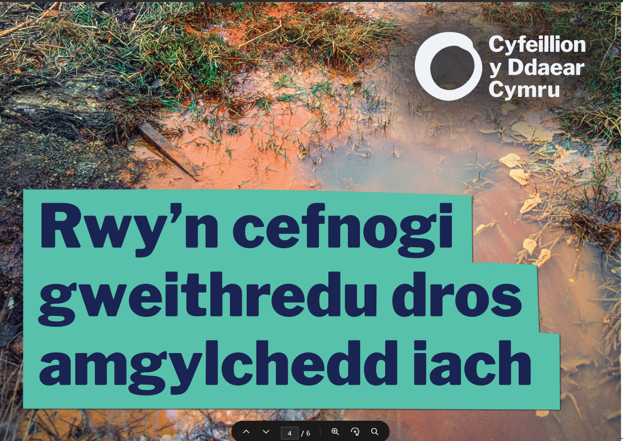mae pobl yn cerdded twry coed gyda geiriau rwy'n cefnogi gweithredu dros amgylchedd iach