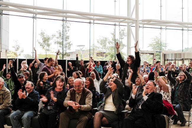 L​ocal communities celebrate the council's unanimous decision to reject an application for a new opencast coal mine, in Nant Llesg, near Merthyr Tydfil in south Wales, Caerphilly County Council, 5 August 2015