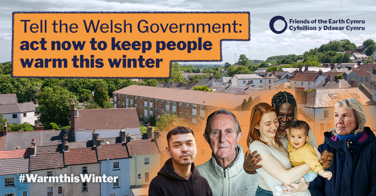 Picture of a group of people behind houses with text Act now to keep people warm this winter