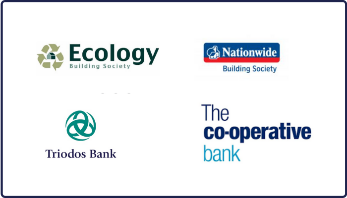 Picture of 4 bank logos - Triodos, Nationwide, the Co-operative, and Ecology Building Society