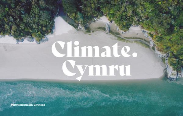 Image of coastline with the writing Climate.Cymru