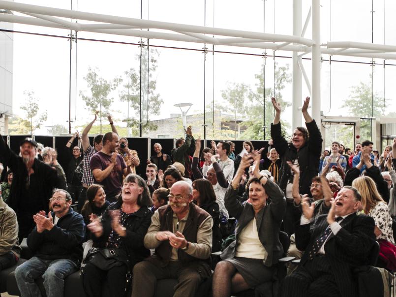 Local communities celebrate the council's unanimous decision to reject an application for a new opencast coal mine, in Nant Llesg, near Merthyr Tydfil in south Wales, Caerphilly County Council, 5 August 2015