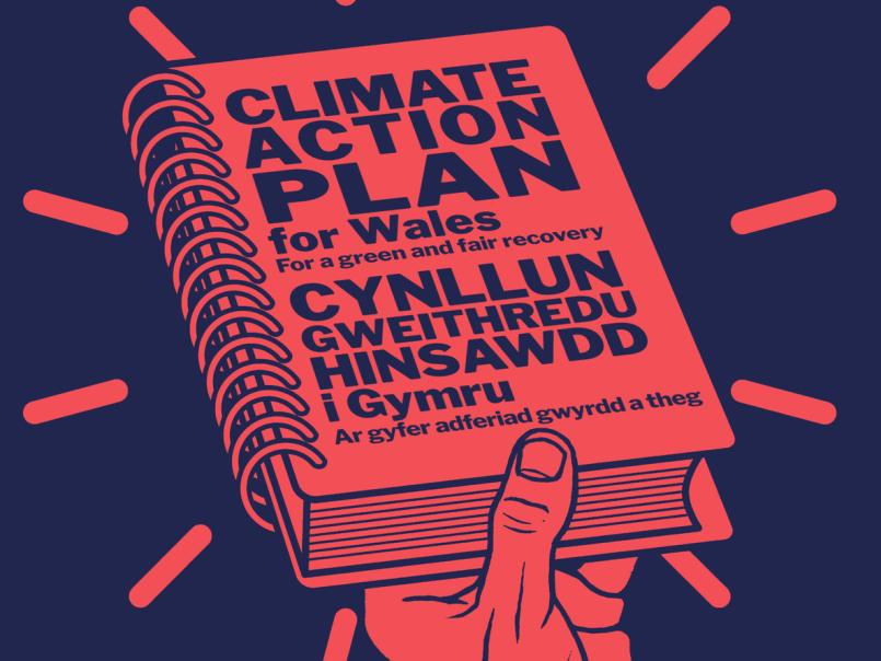 Illustration of a book entitled 'Climate Action Plan for Wales'