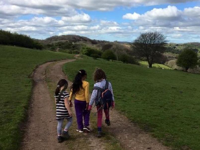 Two children holding hands as they walk down a country road with fields in the distance