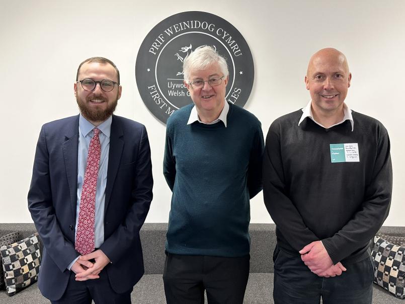 From L to R: Jack Sargeant MS, First Minister Mark Drakeford and Bleddyn Lake from Friends of the Earth Cymru