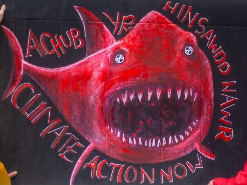 Picture of a red shark on a placard saying Climate Action Now in English and Welsh