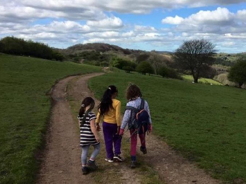 3 children walking in nature under a clear blue sky with clouds