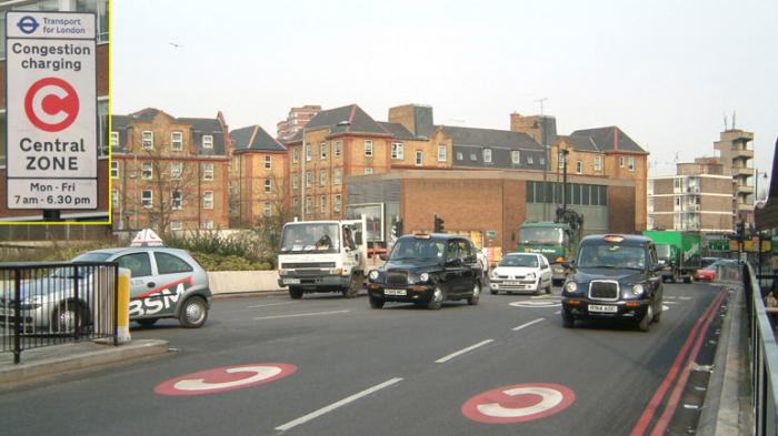 London street with congestion charge sign